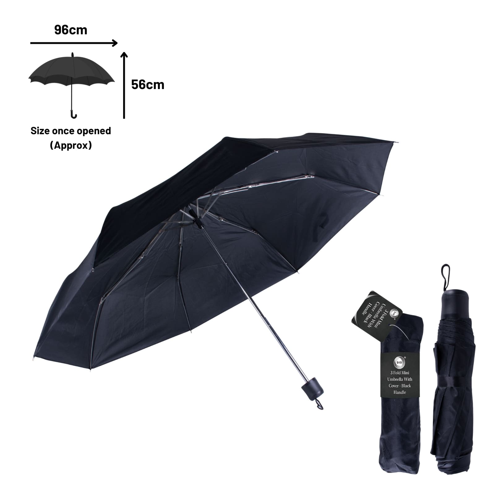 3 Fold Ladies Umbrella with Cover Black Handle