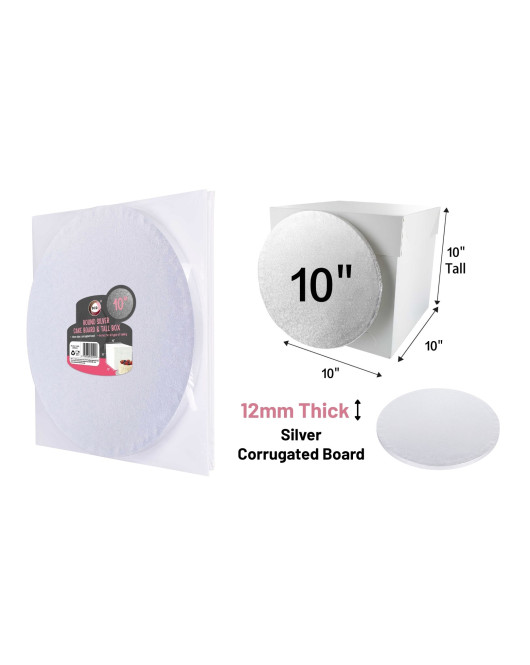 10" Round Silver Cake Board & Tall Box