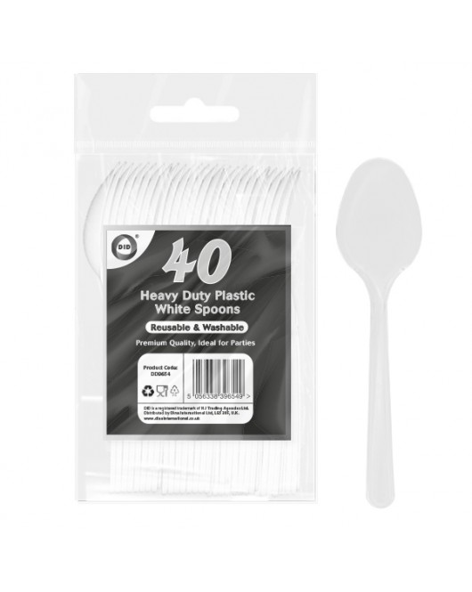 40pc Reusable Heavy Duty Plastic White Spoons