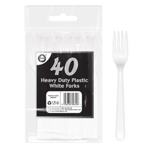 40pc Reusable Heavy Duty Plastic White Forks