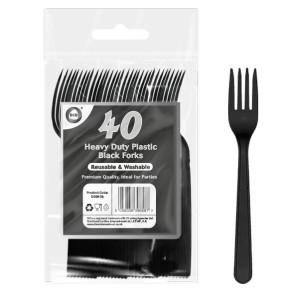 40pc Reusable Heavy Duty Plastic Black Forks