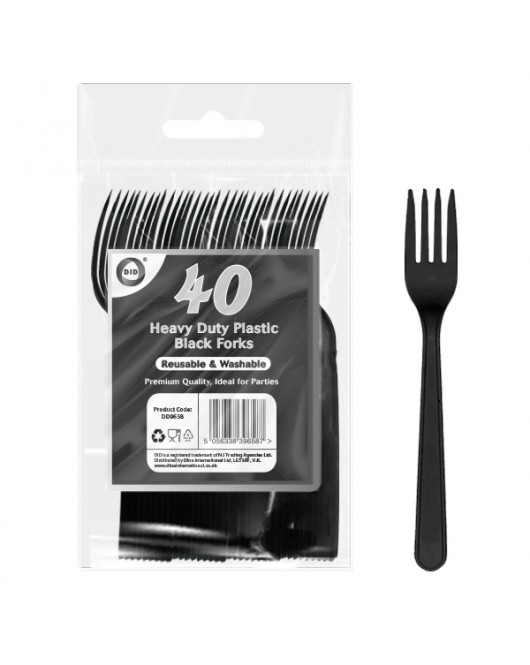 40pc Reusable Heavy Duty Plastic Black Forks