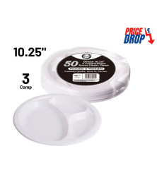 50pc Reusable Deluxe 10.25" 3 Compartment Round Plastic Plates