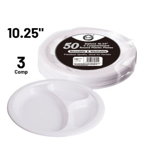50pc Reusable Deluxe 10.25" 3 Compartment Round Plastic Plates 50pc Reusable Deluxe 10.25" 3 Compartment Round Plastic Plates