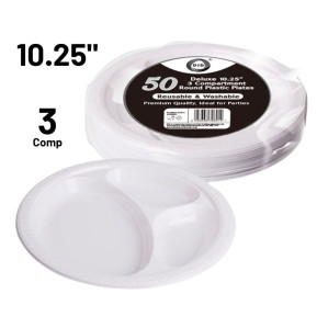 50pc Reusable Deluxe 10.25" 3 Compartment Round Plastic Plates 50pc Reusable Deluxe 10.25" 3 Compartment Round Plastic Plates