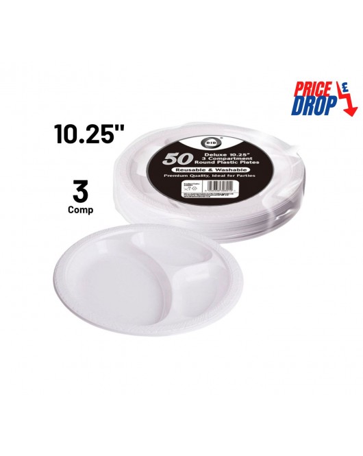 50pc Reusable Deluxe 10.25" 3 Compartment Round Plastic Plates