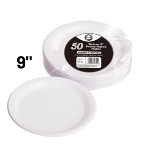 50pc Reusable Deluxe 9" Round Plastic Plates 50pc Reusable Deluxe 9" Round Plastic Plates