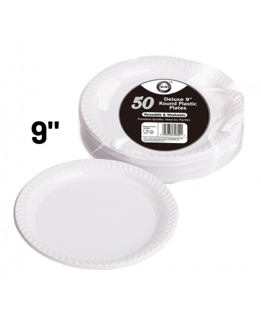 50pc Reusable Deluxe 9'' Round Plastic Plates