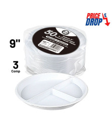 50pc Reusable Deluxe 9" 3 Compartment Round Plastic Plates