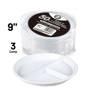 50pc Reusable Deluxe 9" 3 Compartment Round Plastic Plates 50pc Reusable Deluxe 9" 3 Compartment Round Plastic Plates