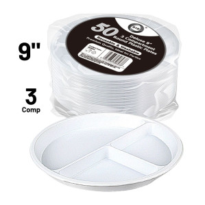 50pc Reusable Deluxe 9" 3 Compartment Round Plastic Plates 50pc Reusable Deluxe 9" 3 Compartment Round Plastic Plates