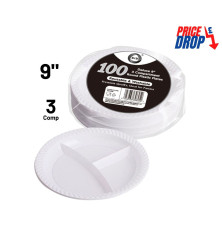 100pc Reusable Deluxe 9" 3 Compartment Round Plastic Plates