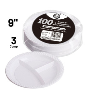 100pc Reusable Deluxe 9" 3 Compartment Round Plastic Plates 100pc Reusable Deluxe 9" 3 Compartment Round Plastic Plates
