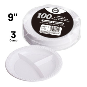 100pc Reusable Deluxe 9" 3 Compartment Round Plastic Plates 100pc Reusable Deluxe 9" 3 Compartment Round Plastic Plates