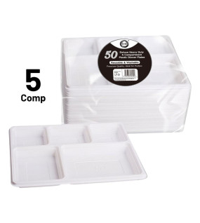 50pc Reusable Deluxe Heavy-Duty 5 Compartment Plastic Dinner Plates 50pc Reusable Deluxe Heavy-Duty 5 Compartment Plastic Dinner Plates