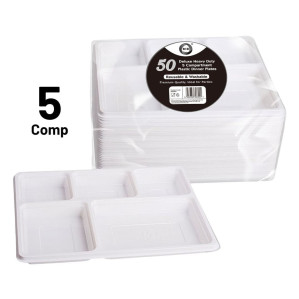 50pc Reusable Deluxe Heavy-Duty 5 Compartment Plastic Dinner Plates 50pc Reusable Deluxe Heavy-Duty 5 Compartment Plastic Dinner Plates
