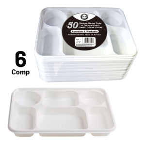 50pc Reusable Deluxe Heavy-Duty 6 Compartment Plastic Dinner Plates 50pc Reusable Deluxe Heavy-Duty 6 Compartment Plastic Dinner Plates