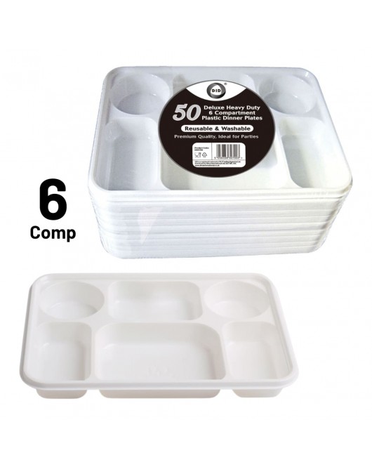 50pc Reusable Deluxe Heavy-Duty 6 Compartment Plastic Dinner Plates