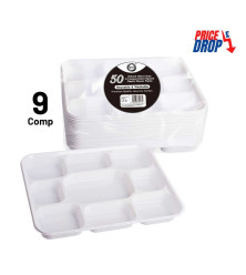 50pc Reusable Deluxe Heavy-Duty 9 Compartment Square Plastic Dinner Plates