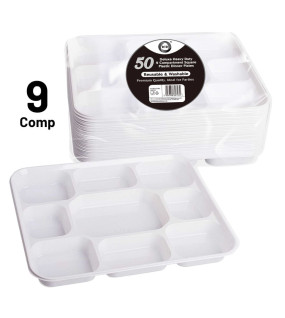 50pc Reusable Deluxe Heavy-Duty 9 Compartment Square Plastic Dinner Plates 50pc Reusable Deluxe Heavy-Duty 9 Compartment Square Plastic Dinner Plates