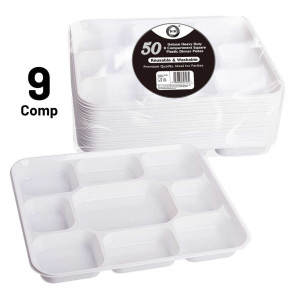 50pc Reusable Deluxe Heavy-Duty 9 Compartment Square Plastic Dinner Plates 50pc Reusable Deluxe Heavy-Duty 9 Compartment Square Plastic Dinner Plates