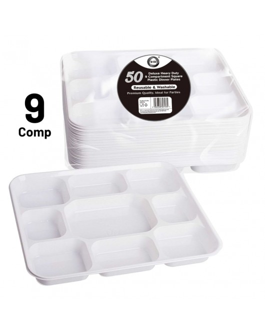 50pc Reusable Deluxe Heavy-Duty 9 Compartment Square Plastic Dinner Plates