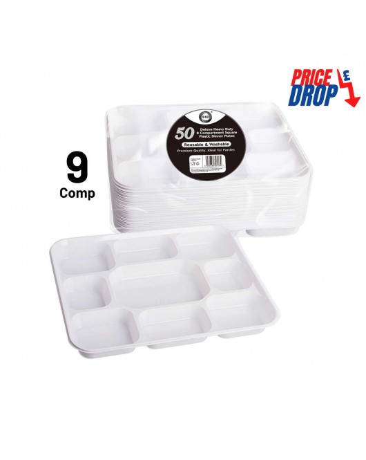 50pc Reusable Deluxe Heavy-Duty 9 Compartment Square Plastic Dinner Plates