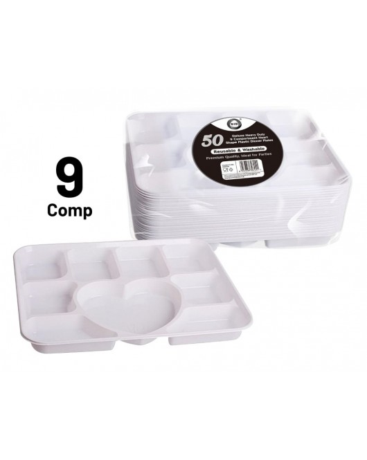 50pc Deluxe Heavy-Duty 9 Compartment Heart Shape Plastic Dinner Plates