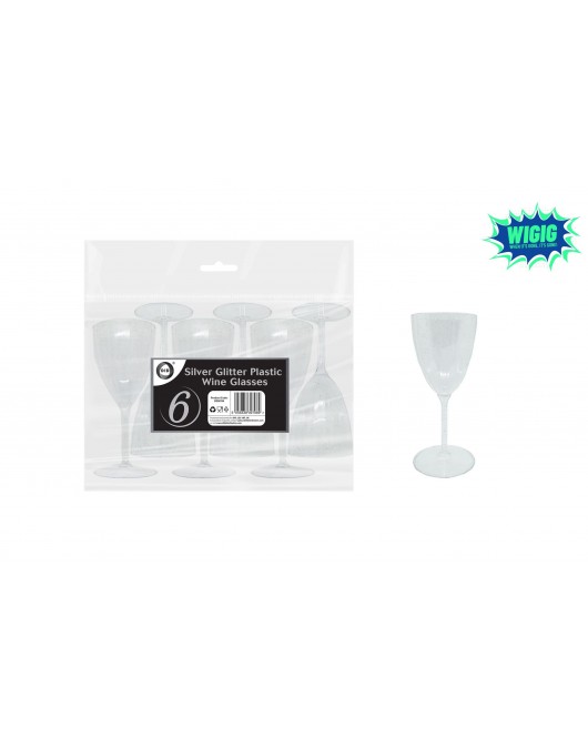6pc Silver Glitter Plastic Wine Glasses