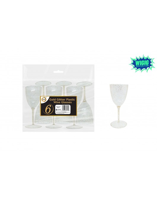 6pc Gold Glitter Plastic Wine Glasses
