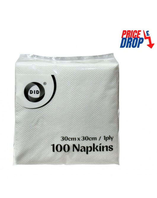 100pc 30cm x 30cm 1ply White Napkins