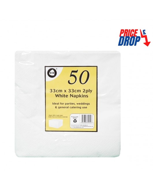 50pc 33cm x 33cm 2ply White Napkins