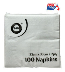 100pc 33cm x 33cm 2ply White Napkins