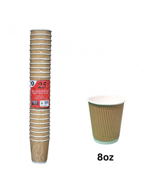 25pc 8oz Hot/Cold Kraft Ripple Paper Cups 