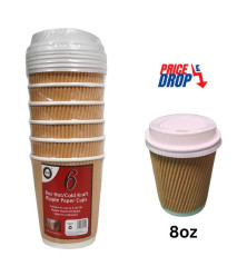 6pc 8oz Hot/Cold Kraft Ripple Paper Cups & Lids 