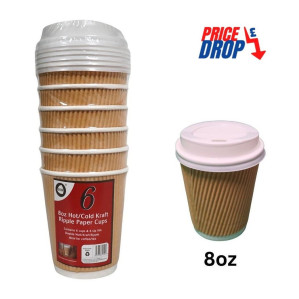 6pc 8oz Hot/Cold Kraft Ripple Paper Cups & Lids  6pc 8oz Hot/Cold Kraft Ripple Paper Cups & Lids