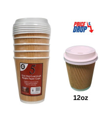5pc 12oz Hot/Cold Kraft Ripple Paper Cups & Lids 