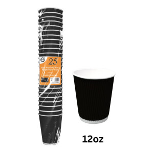 25pc 12oz Hot/Cold Black Ripple Paper Cups 
