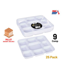 25pc Deluxe Heavy-Duty 9 Compartment Square Plastic Dinner Plates