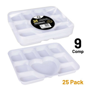 25pc Deluxe Heavy-Duty 9 Compartment Heart Shape Plastic Dinner Plates 25pc Deluxe Heavy-Duty 9 Compartment Heart Shape Plastic Dinner Plates