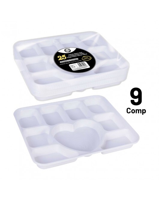 25pc Deluxe Heavy-Duty 9 Compartment Heart Shape Plastic Dinner Plates