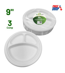 50pc 9" 3 Compartment Biodegradable Bagasse Plates