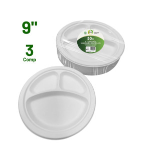 50pc 9" 3 Compartment Biodegradable Bagasse Plates 50pc 9" 3 Compartment Biodegradable Bagasse Plates