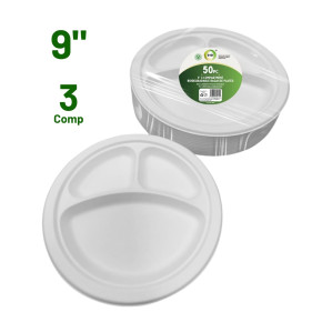 50pc 9" 3 Compartment Biodegradable Bagasse Plates 50pc 9" 3 Compartment Biodegradable Bagasse Plates