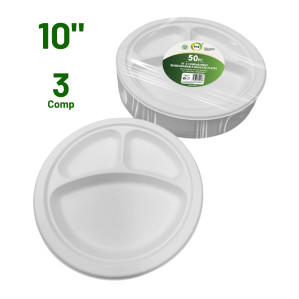 50pc 10" 3 Compartment Biodegradable Bagasse Plates 50pc 10" 3 Compartment Biodegradable Bagasse Plates