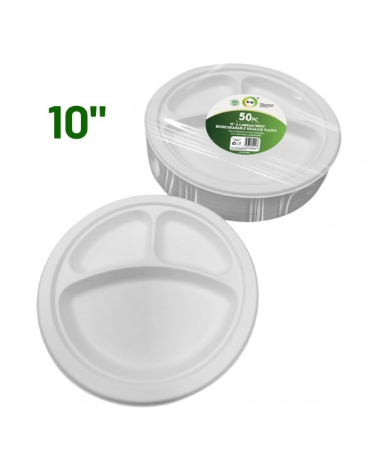 50pc 10" 3 Compartment Biodegradable Bagasse Plates