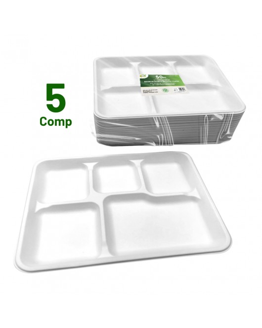 50pc 5 Compartment Biodegradable Bagasse Plates