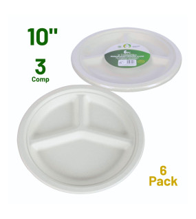 6pc 10" 3 Compartment Biodegradable Bagasse Plates 6pc 10" 3 Compartment Biodegradable Bagasse Plates