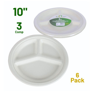 6pc 10" 3 Compartment Biodegradable Bagasse Plates 6pc 10" 3 Compartment Biodegradable Bagasse Plates