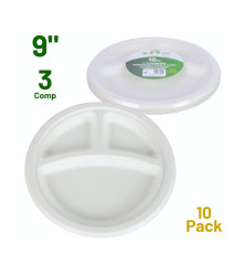 10pc 9" 3 Compartment Biodegradable Bagasse Plates